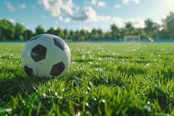 Fototapeta premium A soccer ball rests on the lush green field of a stadium, poised for action in the midfield, creating the perfect backdrop for football match design and decoration.
