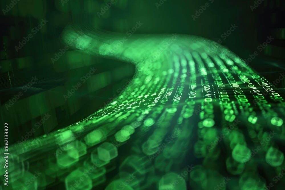 Poster abstract green matrix-like digital data stream background representing technology, big data, cyber s