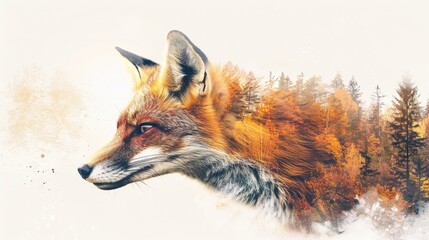 Obraz premium Artistic digital painting of a fox with a forest background, blending wildlife and nature art in vivid colors.