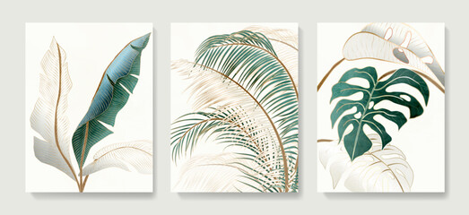 Luxury set of tropical leaf posters in white and green with gold line elements. Botanical art background for cover design, print, wallpaper, packaging, textile, interior.