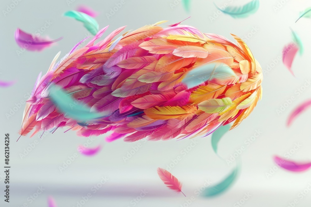 Aufkleber vibrant artistic depiction of colorful feathers in motion against a soft, light background, creating