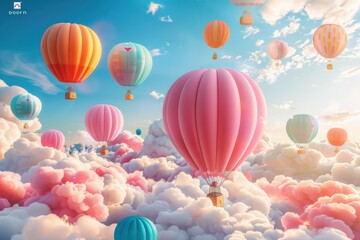A colorful hot air balloon scene with many balloons in the sky