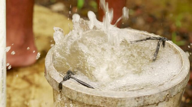 Close-up of water pouring in bucket from manual pump in southeast asia, rural life and water access in asian village, scarcity and insecurity