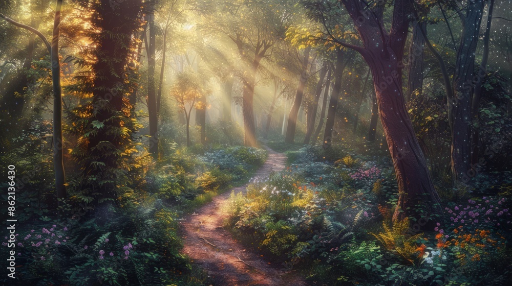 Poster a forest path with a lot of trees and flowers. generate ai image