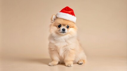 Festive Pomeranian puppy in a red Christmas hat, sitting and smiling against
