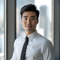 Confident young Asian businessman in a modern office setting, showcasing his ambition and confidence.