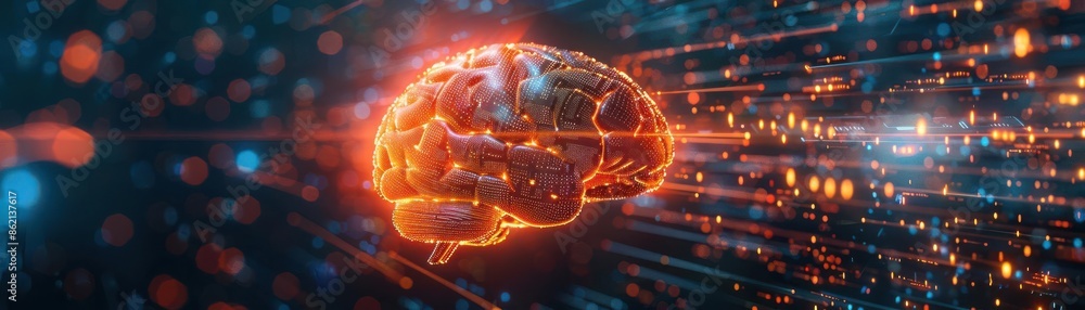Poster big data and ai concept human brain glowing from processor fusion of human intelligence and machine 