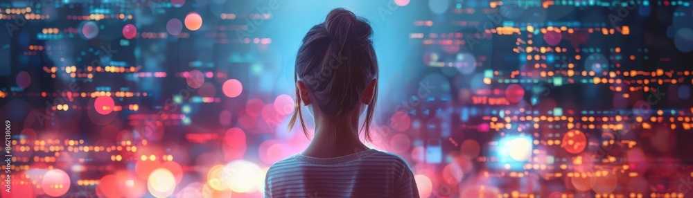Poster a person looking at a digital holographic display with futuristic technology, surrounded by data and