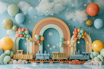 A colorful room with a rocket and planets wallpaper background