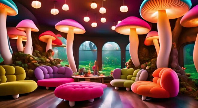 Vibrant mushroom lounge with colorful sofas