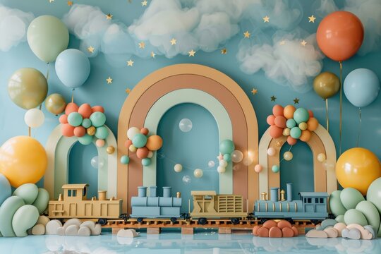 A colorful room with a rocket and planets wallpaper background