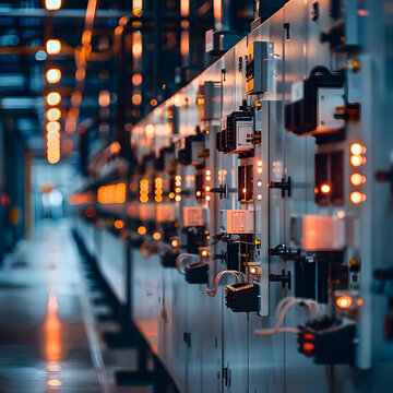 A low-voltage switchgear system at a power plant, showcasing rows of modern switchgear cabinets.