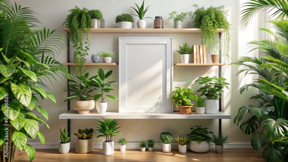 Poster elegant empty frame on white shelf surrounded by lush green plants in modern classic light-filled ro