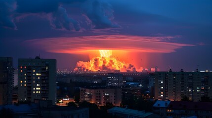 Fototapeta premium Simulated Nuclear Explosion Over Minsk Belarus Depicting Catastrophic Destruction