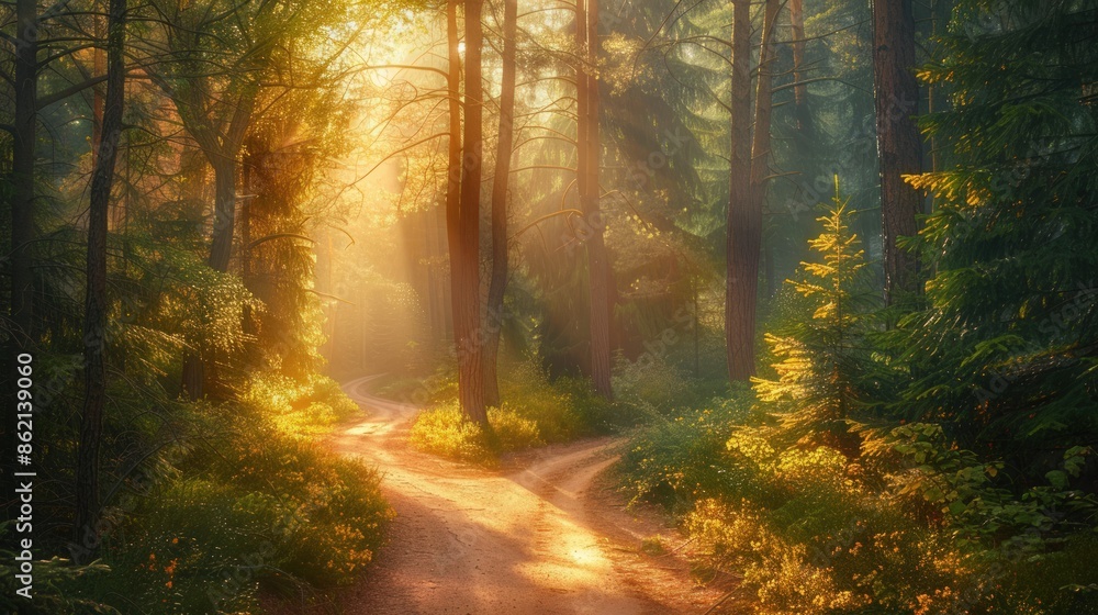 Poster a forest path with a lot of trees and flowers. generate ai image