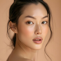 Obraz premium Close-up portrait of a young Asian woman with flawless skin on a beige background, perfect for beauty and spa themes.