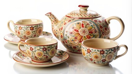Delicate ceramic clay tea set with intricately designed teapot and cups adorned with floral patterns on a crisp white background.