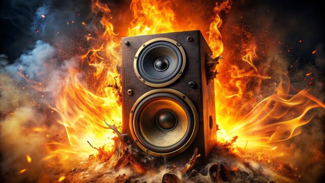 Flames engulf a mangled speaker, its charred remains twisted in agony, surrounded by a halo of fiery destruction, intense orange luminosity.