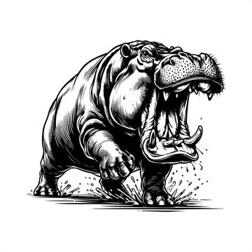 roaring hippo black and white clip art preview
