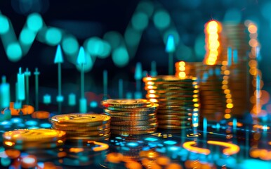 stacks of coins with financial graph and arrow up on dark background