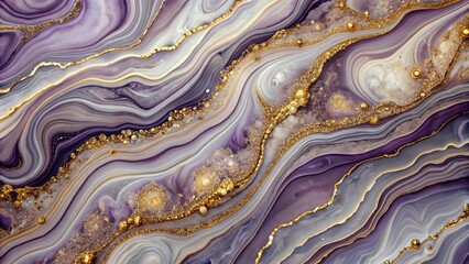 Fototapeta premium Luxurious abstract design featuring swirling marble patterns, agate ripples, and organic textures infused with gold glitter on a violet grey background.