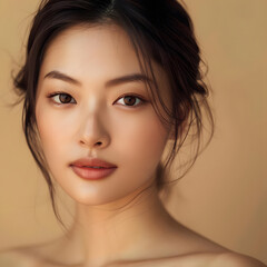 Naklejka premium Portrait of a beautiful young Asian woman with perfect skin, exuding confidence and tranquility, set against a warm beige background.