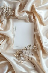 Blank card with flowers on white cloth