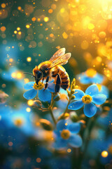 Naklejka premium Captivating Watercolor Bee on a Forget Me Not Flower Detailed Bee Illustration with High Resolution Quality Exquisite Soft Art for Nature Enthusiasts and Art Collectors