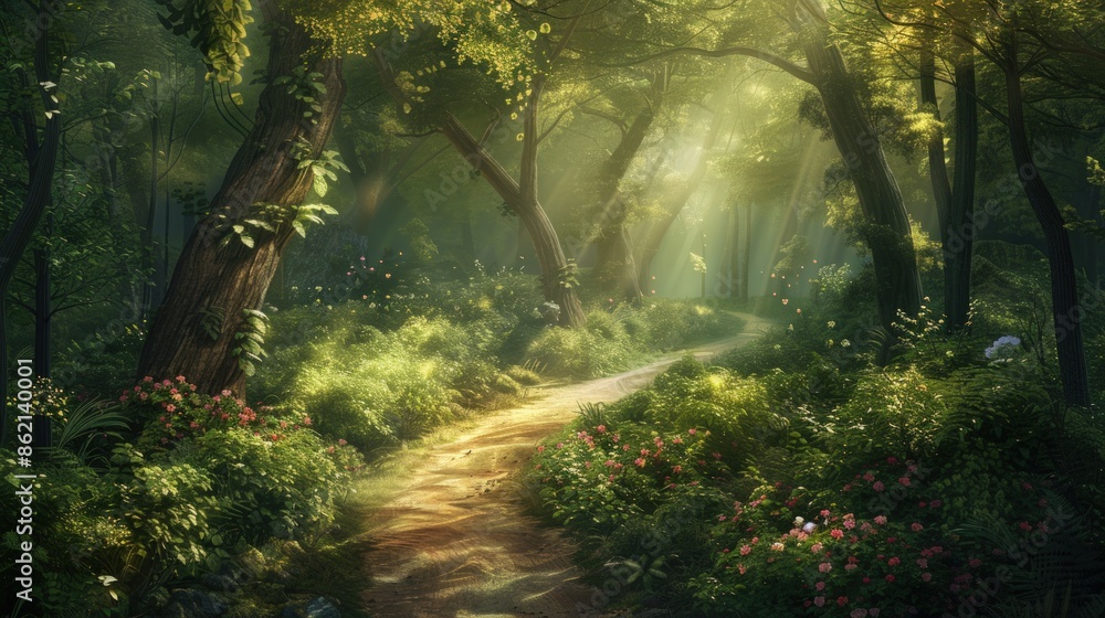 Poster a forest path with a lot of trees and flowers. generate ai image
