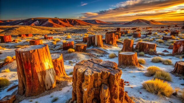 Ancient fossilized tree trunks scattered across arid landscape, covered in vibrant orange and yellow hues, eerily frozen in time forever.