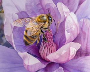 Stunning Watercolor Bee on Magnolia Bloom Detailed Illustration, High Resolution, Super Elegant...