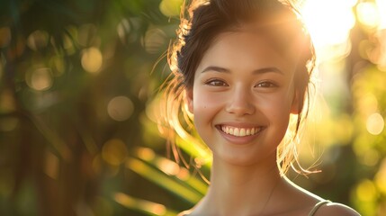 A woman with long brown hair is smiling and looking at the camera. Generate AI image