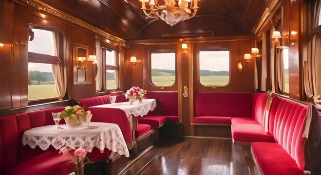 Vintage train carriage interior with luxury wooden panels