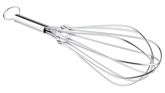 Metal whisk. Kitchen tool for mixing. Restaurant silver steel utensil for stirring. Culinary equipment from stainless steel. Whipping tool for egg. Good for recipe cooking and preparation. Isolated.