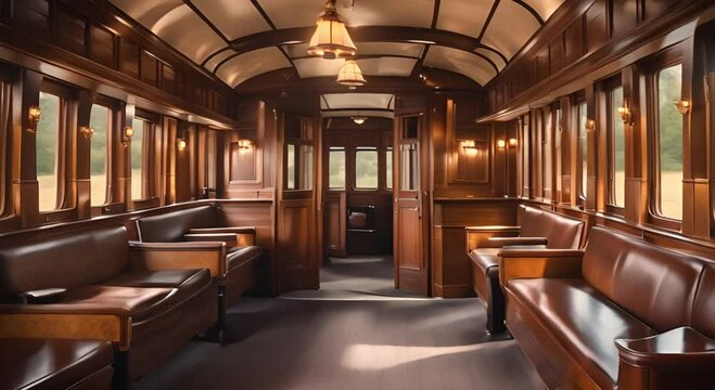 Vintage train carriage interior with luxury wooden panels