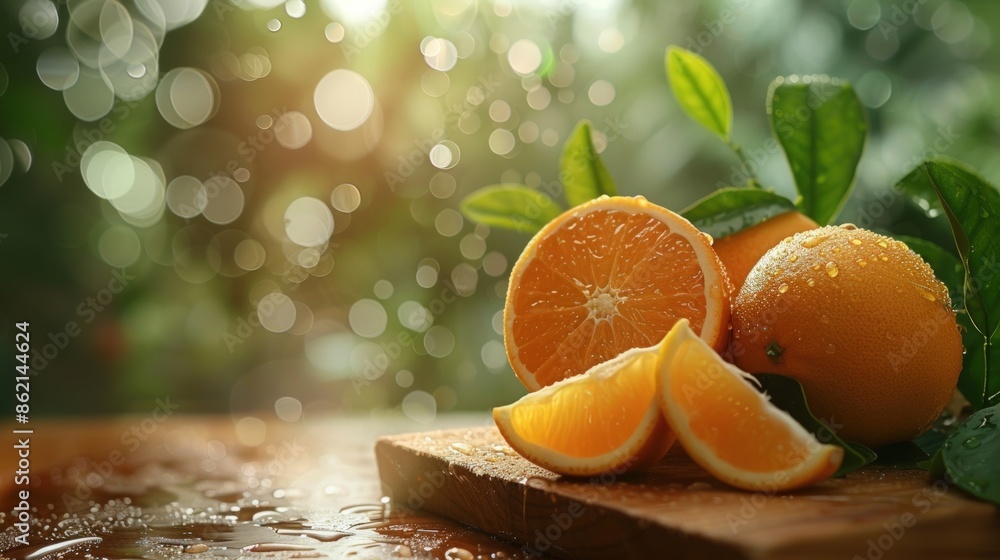 Poster oranges are sitting on a wooden table, with one of them cut open. generate ai image