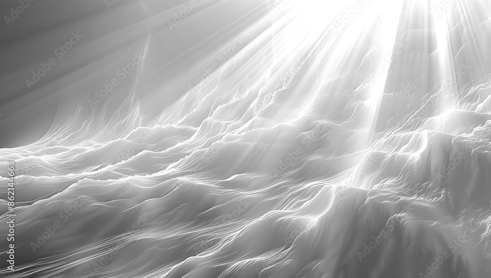 Poster abstract white background with light rays and glow, creating an ethereal atmosphere for design use. 