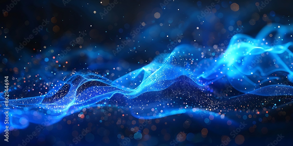 Poster blue glowing light lines with data particles and connections on black background. abstract digital t