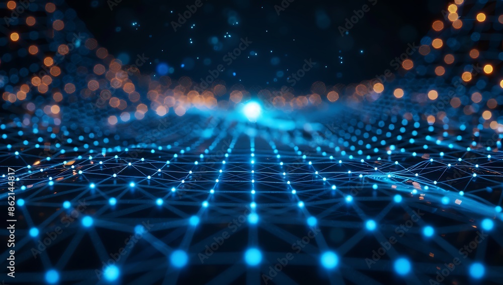 Poster abstract digital background with blue glowing lines and network connections on dark black, creating 