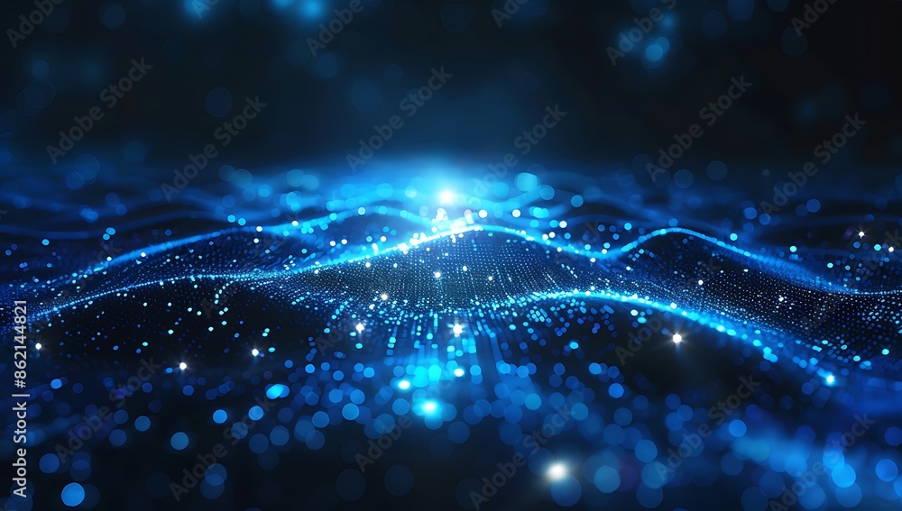Poster abstract digital background with blue glowing lines and network connections on dark black, creating 