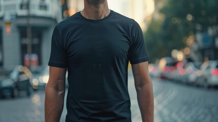 Fototapeta premium Man in a Black T-Shirt Standing on a City Street