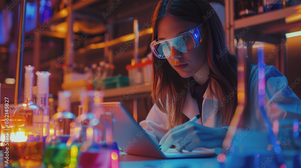 Poster a woman in a lab coat is working on a computer with a tablet. generate ai image