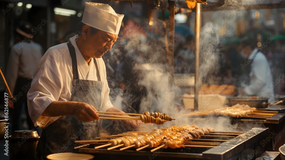 Wall mural 3. Generate a bustling street market scene in Tokyo, with vendors preparing and serving delicious street food like sushi, ramen, and takoyaki, inviting visitors to savor the city's culinary delights.