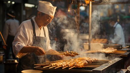 3. Generate a bustling street market scene in Tokyo, with vendors preparing and serving delicious street food like sushi, ramen, and takoyaki, inviting visitors to savor the city's culinary delights.