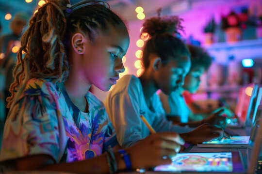 Multicultural teens creating digital art on tablets in neon-lit room