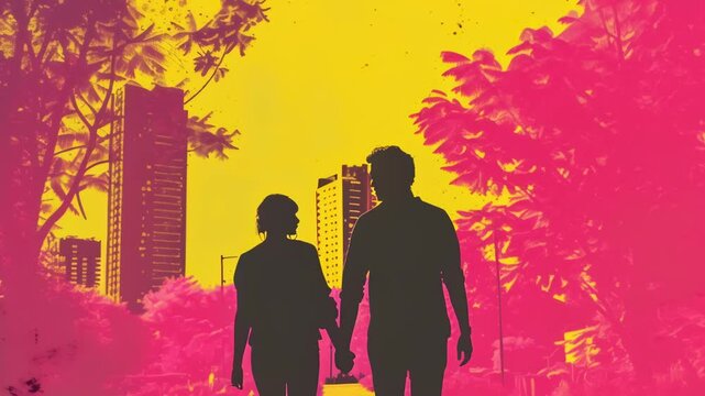 Vibrant yellow and pink cityscape. Silhouettes of couple holding hands against skyscraper backdrop. Tree branches frame scene. Bold colors evoke romantic urban energy and modern love story.	
