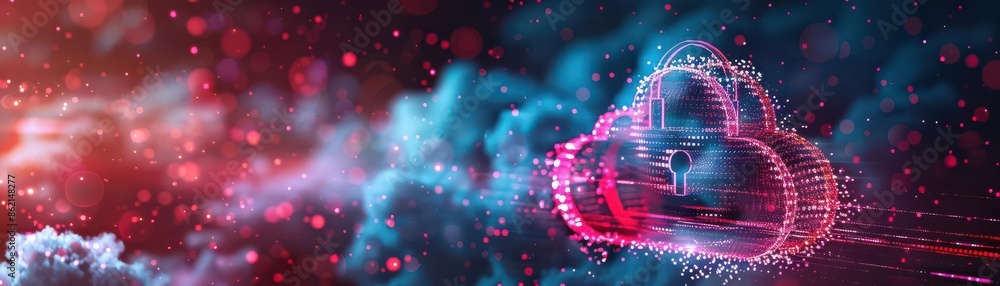 Poster abstract digital cloud computing concept with pink and blue light trails, representing data storage 