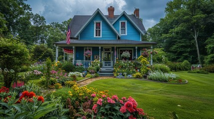 Charming row of houses with beautifully landscaped gardens and vibrant flowers under a partly cloudy sky.