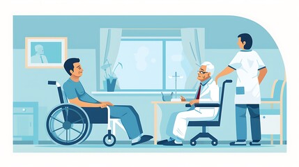 A healthcare setting featuring a doctor consulting with an elderly patient in a wheelchair, illustrating compassion and support in medical care.