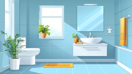 Bathroom interior with toilet, sink and mirror flat illustration isolated on blue background. Home decor concept. Bathroom interior design, minimalist, simple colors, graphics, simple